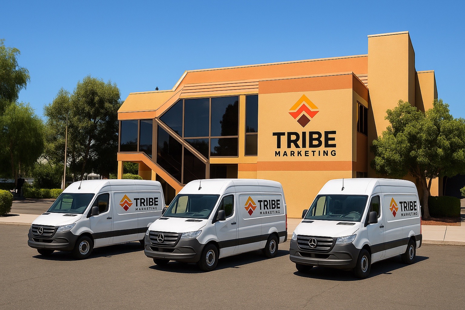 Tribe Marketing building with branded sprinter vans