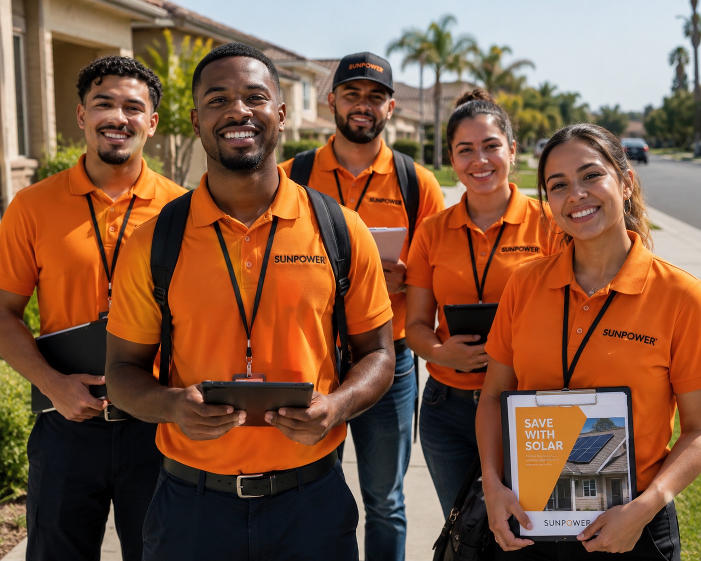 Home improvement canvassing team in branded orange uniforms
